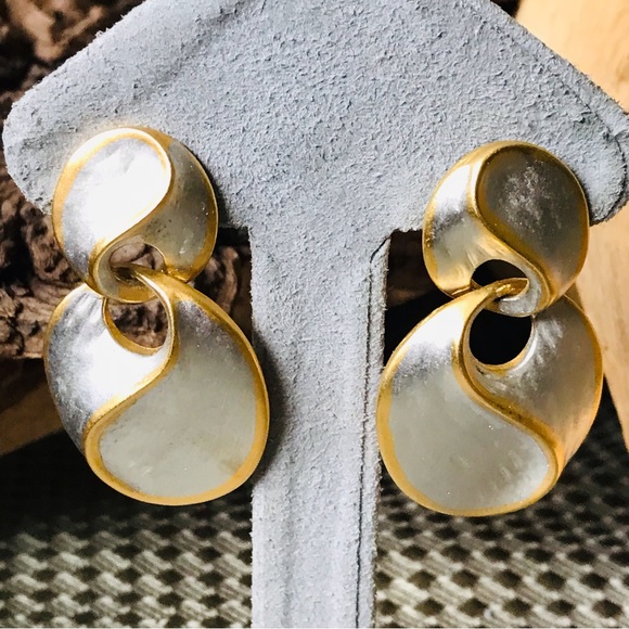 Vintage SIGNED P.E. MCM Costume Gold & Silver Tone Geometric Shape Drop Earrings - Picture 5 of 10